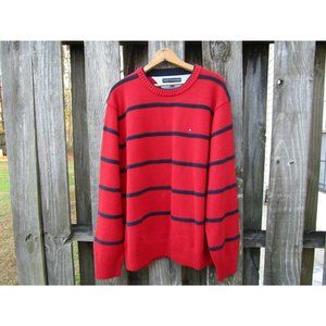 Tommy Hilfiger Crew-Neck Pullover Sweater Red Blue stripes XL 100% cotton office